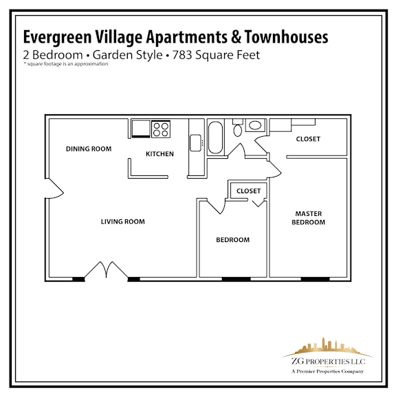 2 Bedroom Garden Style Apartment Floor Plan at Evergreen Village Apartments & Townhouses, Elyria, OH