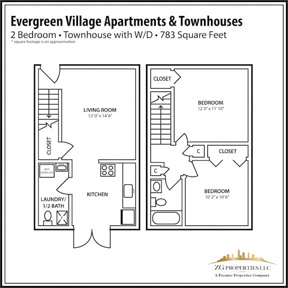 2 Bedroom Townhouse Floor Plan with Washer/Dryer Hook-ups at Evergreen Village Apartments & Townhouses, Elyria