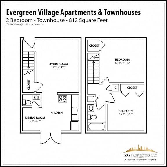 2 Bedroom Townhouse Floor Plan with Dining Area at Evergreen Village Apartments & Townhouses, Elyria, Ohio