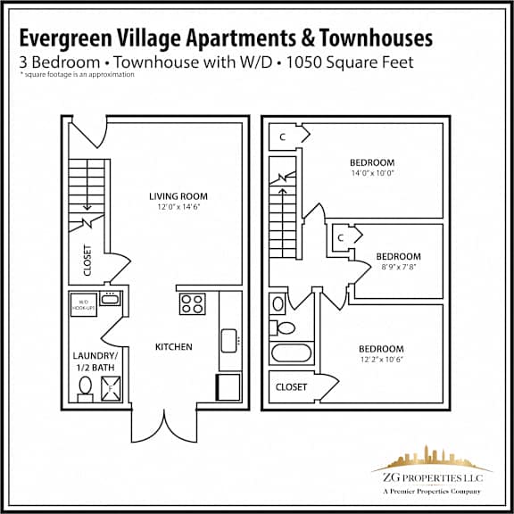 3 Bedroom Townhouse Floor Plan with Washer/Dryer Hook-ups at Evergreen Village Apartments & Townhouses, Elyria, OH, Ohio, 44035