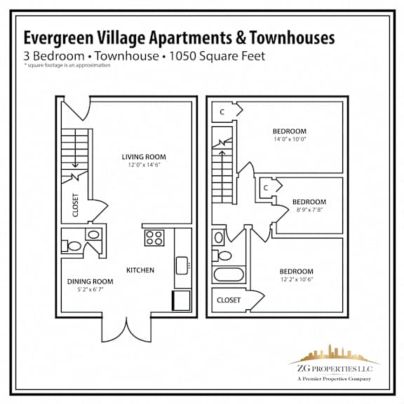 3 Bedroom Townhouse Floor Plan with Dining Area at Evergreen Village Apartments & Townhouses, Ohio