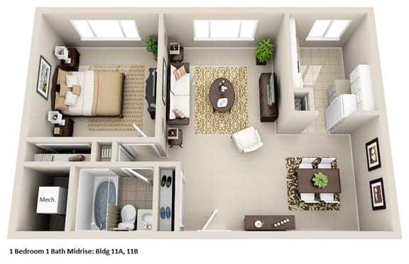 a 3d floor plan of a house with a bedroom and a living room at Huntington Green Apartments, University Heights, OH, 44118
