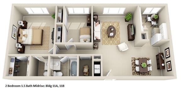 a 3d floor plan of a house with a bedroom and a living room at Huntington Green Apartments, University Heights, Ohio