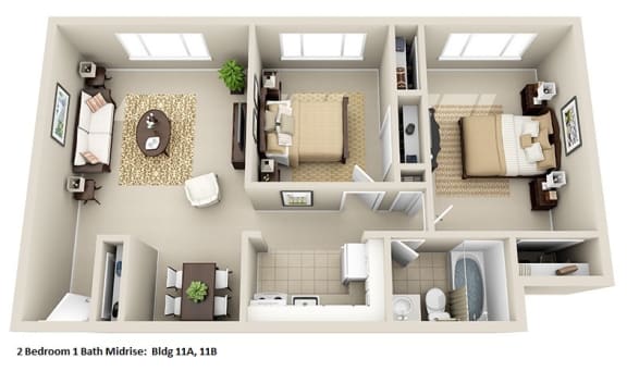a 3d floor plan of a house with a bedroom and a living room at Huntington Green Apartments, University Heights, 44118