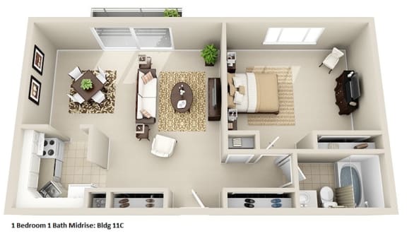 a 3d floor plan with a bedroom and a living room at Huntington Green Apartments, Ohio, 44118