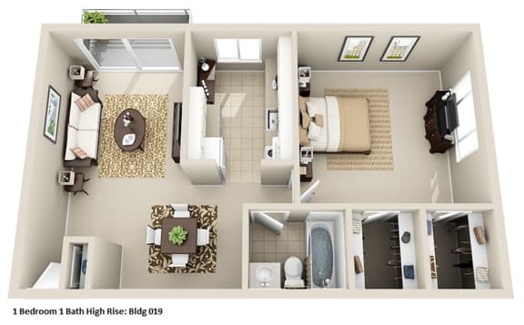 a 3d floor plan of a bedroom with a bathroom and a living room at Huntington Green Apartments, University Heights, 44118
