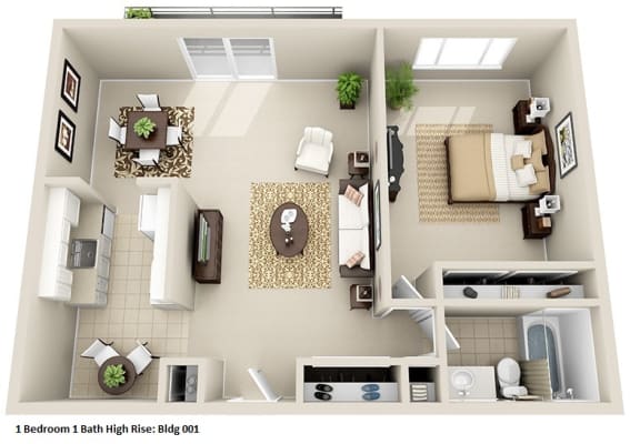 a 1 bedroom floor plan with a bathroom and a living room at Huntington Green Apartments, University Heights, 44118