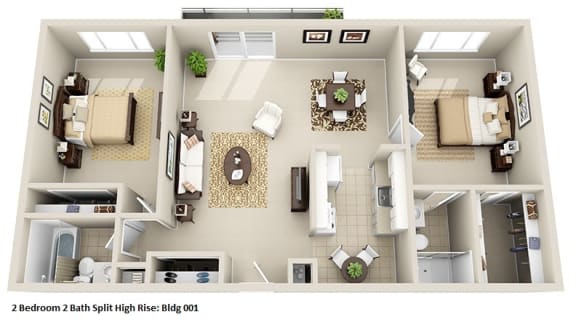 a bedroom floor plan with a bathroom and a living room at Huntington Green Apartments, University Heights, Ohio
