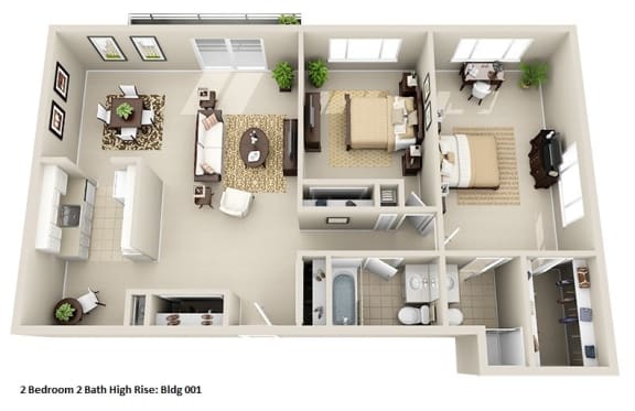 a 3d floor plan of a house with a bedroom and a living room at Huntington Green Apartments, University Heights, 44118