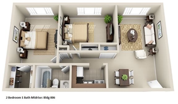 a 3d floor plan of a 2100 sq ft house at Huntington Green Apartments, University Heights, Ohio