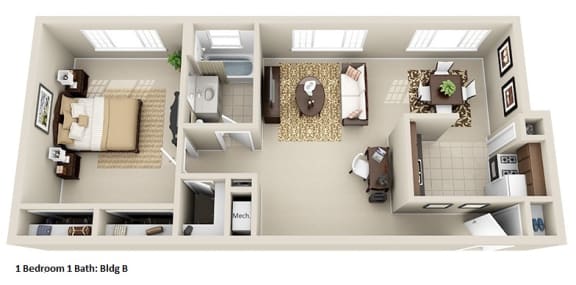 a floor plan with a bedroom and a living room at Huntington Green Apartments, University Heights, OH