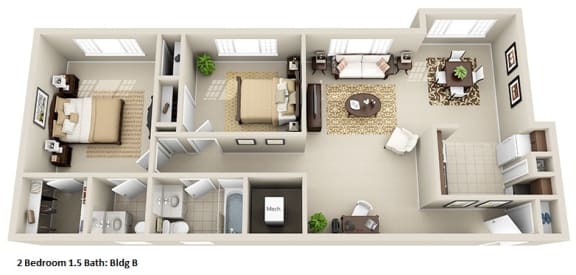 a 3d floor plan with a bedroom and a living room at Huntington Green Apartments, University Heights, 44118