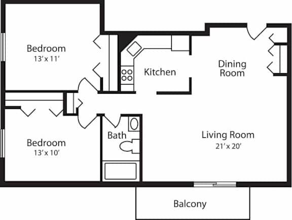 Two Bedroom One Bathroom 900 SF Floor Plan at Hummingbird Pointe & The Gardens, Parma, Ohio