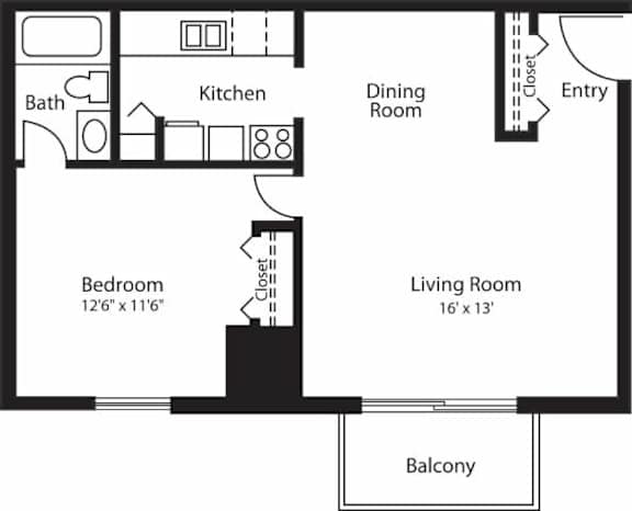 One Bedroom One Bathroom 579 SF Floor Plan at Hummingbird Pointe & The Gardens, Ohio