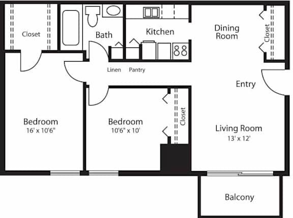 Two Bedroom One Bathroom 750 SF Floor Plan at Hummingbird Pointe & The Gardens, Ohio 44129