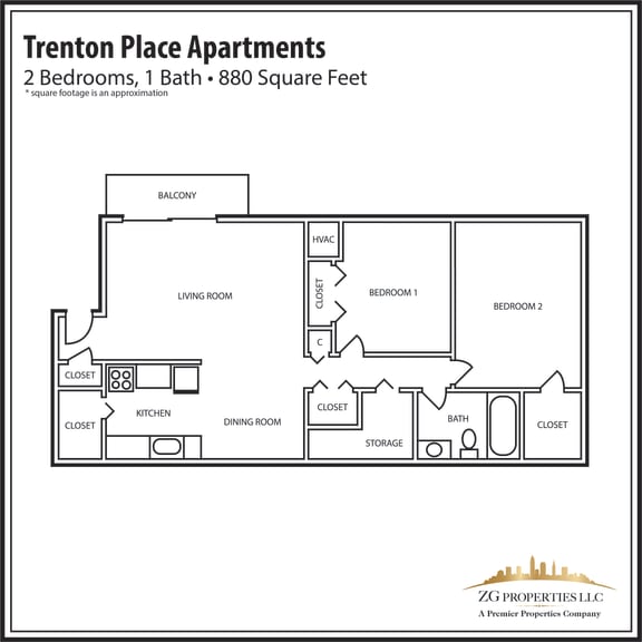2 Bedroom 1 Bath 880 Sq Ft Floor Plan at Trenton Place Apartments, Ohio