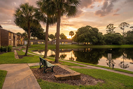 A park with a bench and a pond in front of a building.