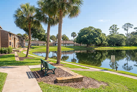 A park with a bench and a pond.