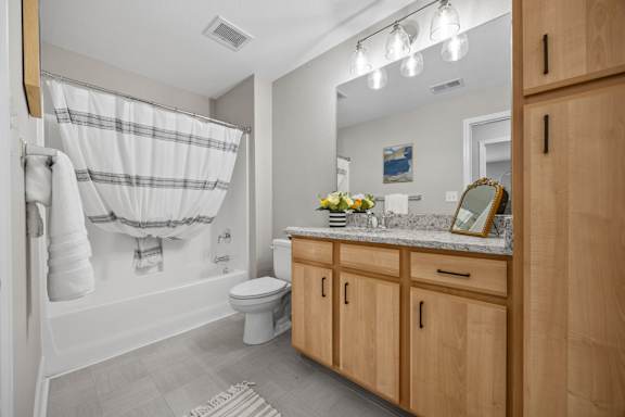 A bathroom with a toilet, sink, and a shower curtain.