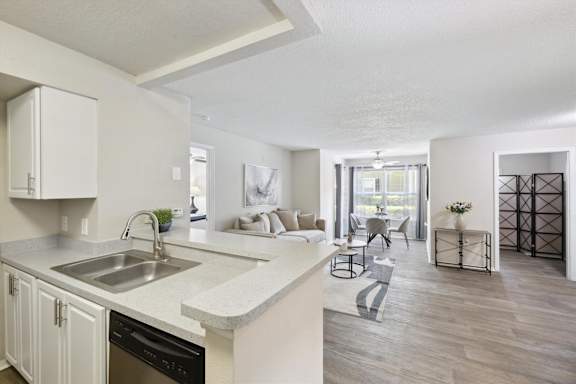 A kitchen with granite counters and a dishwasher.