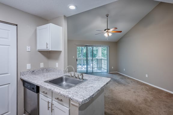 Kitchen & Living Room With Vaulted Ceilings