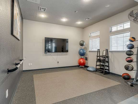 A room with a mirror, a television, and exercise equipment.