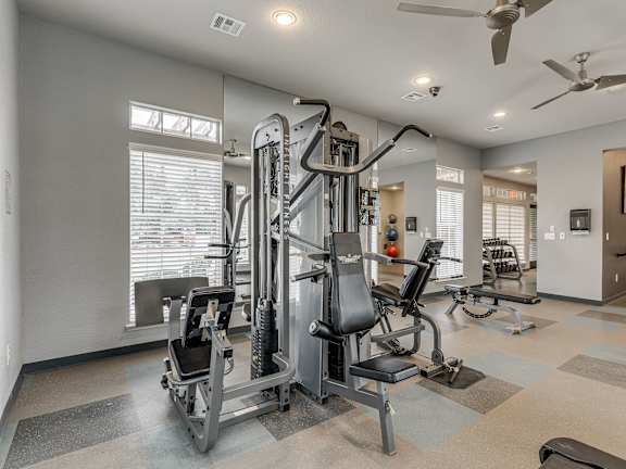 A spacious home gym with a variety of equipment including a squat rack, bench press, and a treadmill.