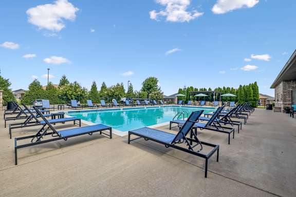 A pool with sun loungers and trees in the background.