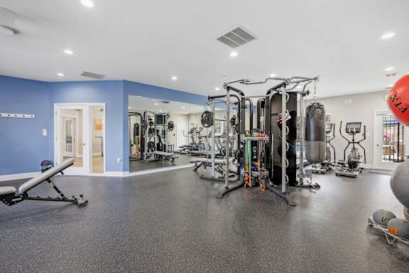 A gym with a variety of equipment including a leg press machine, a squat rack, and a bench press.
