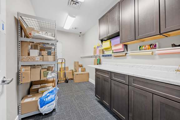 A room with a white counter and a shelf with boxes on it.