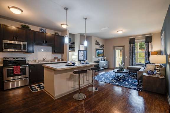 Open Concept Kitchen and Living Room with Large Window