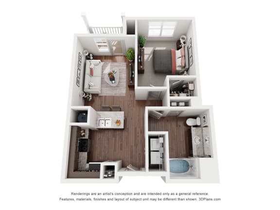 a 1 bedroom floorplan is shown with a wood floor