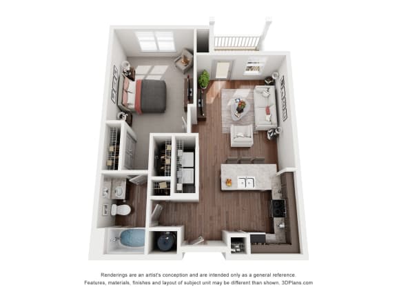 a stylized floor plan of a 1 bedroom with a bathroom and a living room