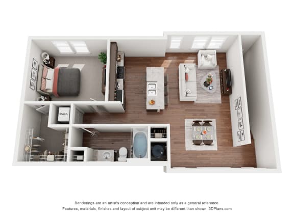 a stylized floor plan with a bedroom and a living room