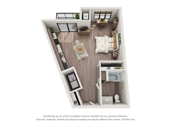 A 3D floor plan of a small apartment with a kitchen, living room, and bedroom.