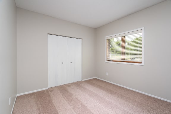 Carpeted Bedroom With Accordian Style Closet Doors