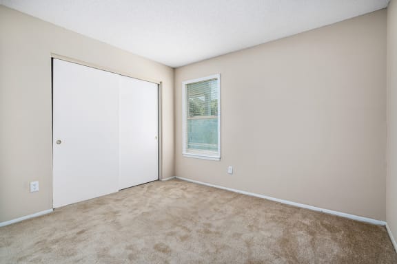 Carpeted Bedroom With Large Sliding Closet Doors