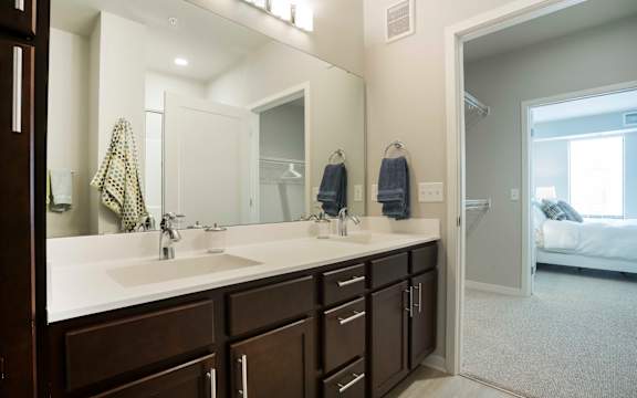a bathroom with two sinks and a large mirror