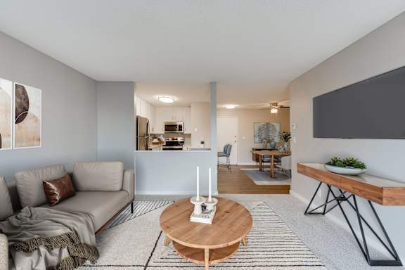A modern, carpeted living room with a grey couch and a wooden coffee table.