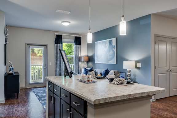 Spacious Kitchen Island With Overhead Lights