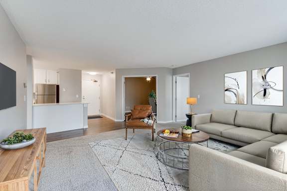 A living room with a grey couch, a wooden table, and a rug.