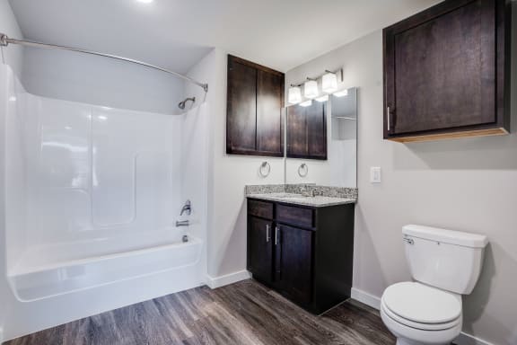 Large Bathroom With Wood-Style Floors & Built-In Storage