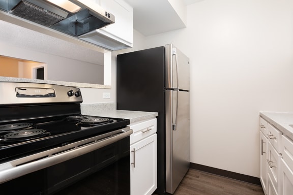Kitchen with White Cabinetry and Wood Style Flooring