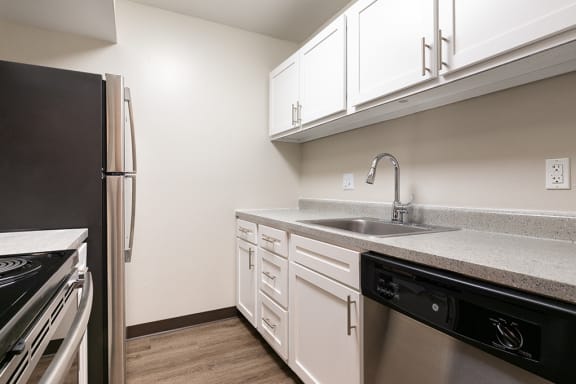 Kitchen with White Cabinets and Stainless Steel Appliances and Hardware