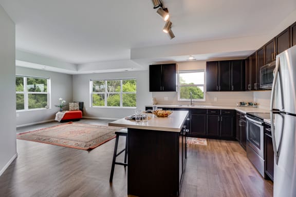Spacious Kitchen With Dark Cabinetry & Stainless Steel Appliances