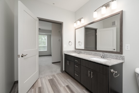 Dual Bathroom Granite Vinity With Overhead Lighting In The Loon Floor Plan