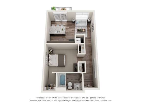 A 3D floor plan of a small apartment with a kitchen, living room, and bathroom.