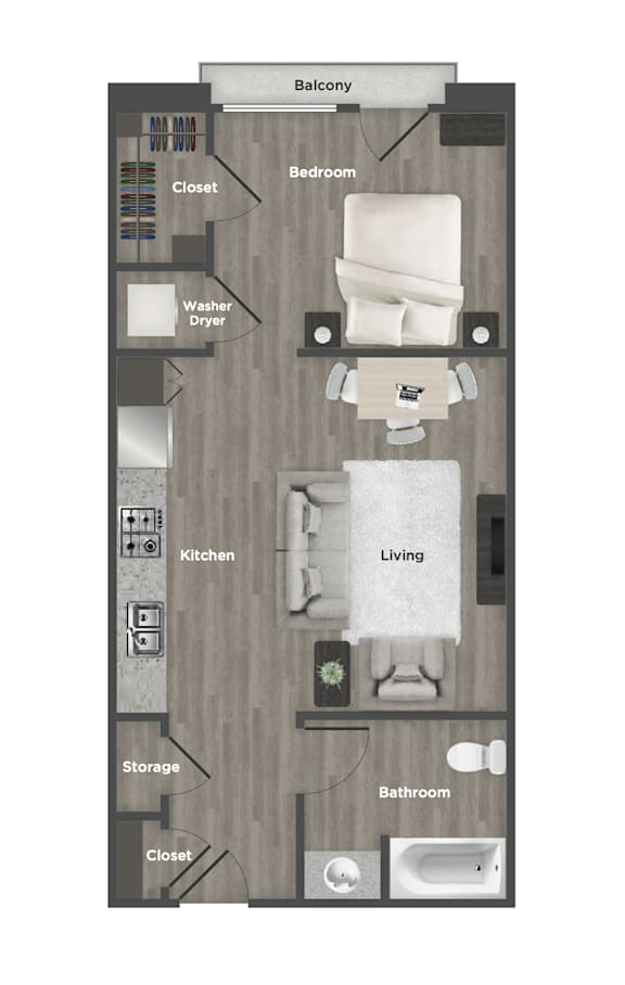 A floor plan of an apartment with a living room, kitchen, bathroom, and bedroom.
