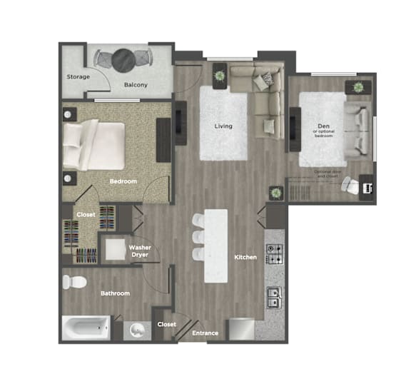 A floor plan of an apartment with a living room, kitchen, bathroom, and bedroom.
