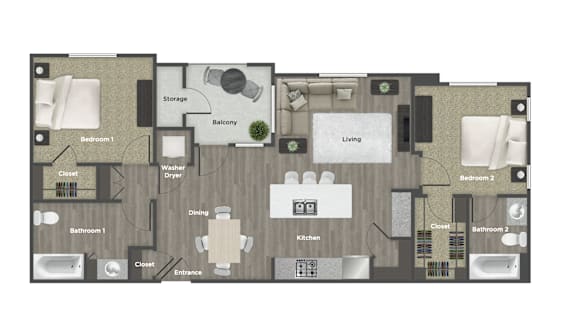 A floor plan of a apartment with a living room, kitchen, and three bedrooms.